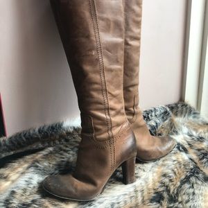 Distressed Tan Leather Over Knee Boots